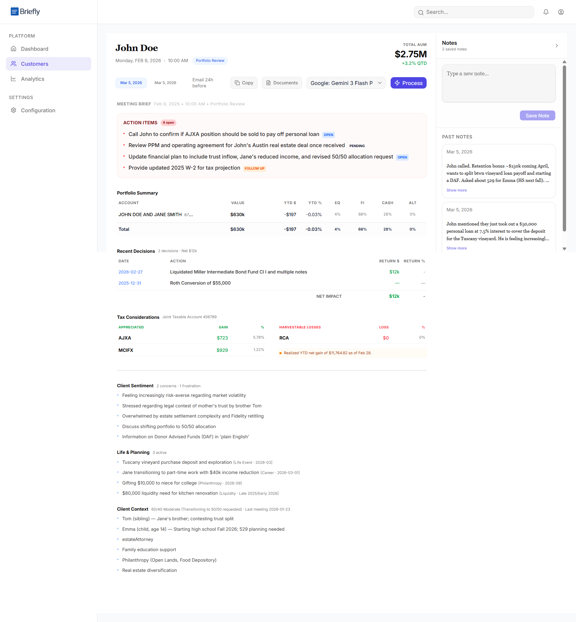 Briefly meeting brief — action items, portfolio summary, tax considerations, client sentiment, and notes